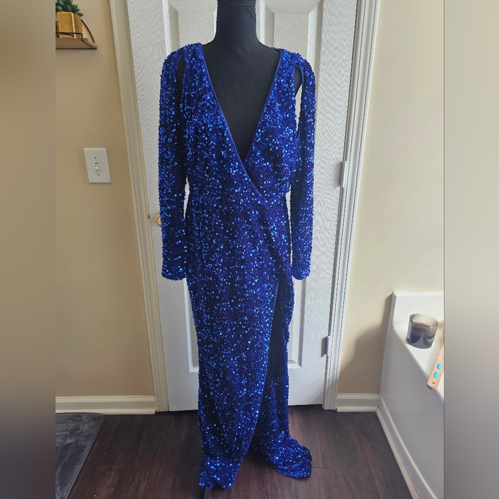 Fashion Nova Blue Plunge Long Sleeve Gown